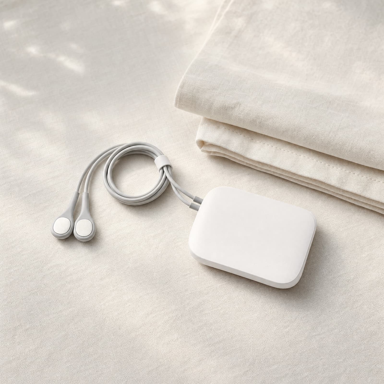 A white handheld smart ECG device resting on linen